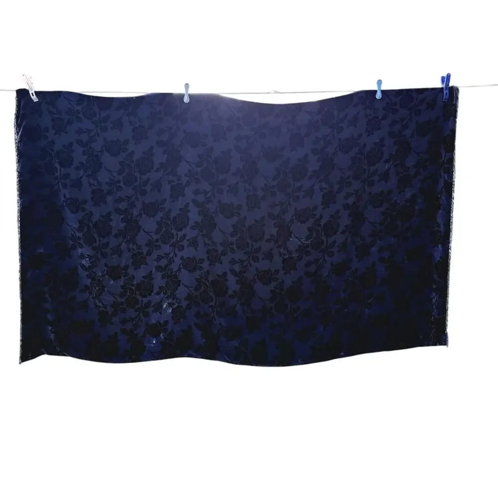 Westone Silk Velvet Burnout Floral Throw Wrap Black Gray Beaded Fringe Vintage